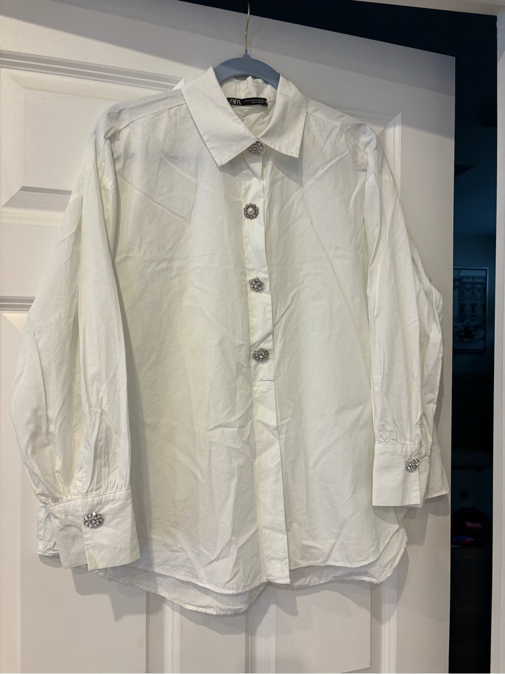 Zara White Button-Down Shirt with Decorative Jewel Buttons